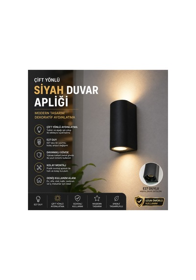 Çift Yönlü Siyah Duvar Apliği E27 Duylu Modern Dekoratif Aplik