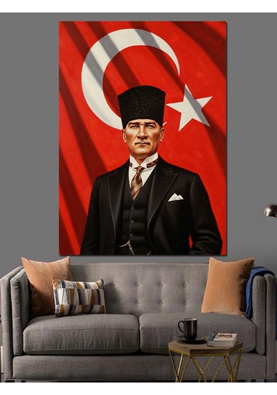 Ahşap Tablo Bayrak Önünde Atatürk Resmi