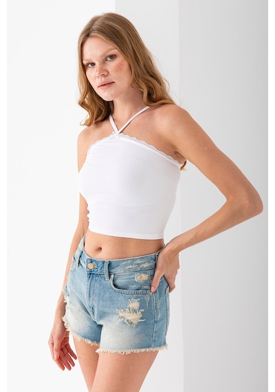 Giysa Kadın Çapraz Askılı Dantel Detaylı Crop Body Beyaz - Ms0000309 Beyaz