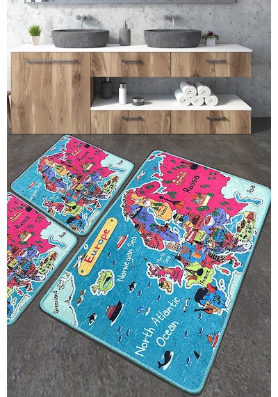 Carta Banyo Halısı Djt 3 Lü Set Banyo Halısı Paspas Yıkanabilir Kaymaz Çok Renkli