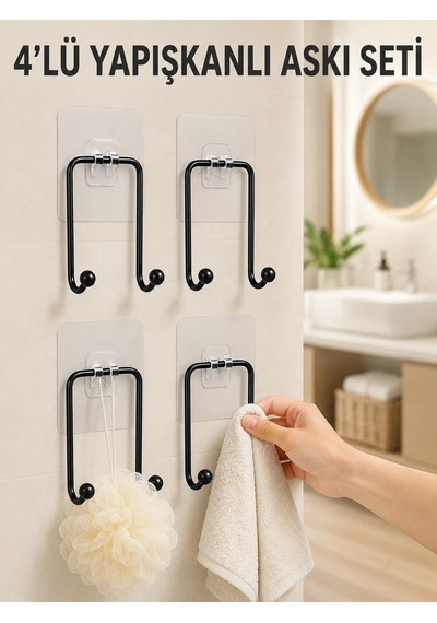 Mey İthalat 4'lü Yapışkanlı Askı Seti Mutfak Banyo Ve Ev İçin Duvar Askısı Çok Renkli
