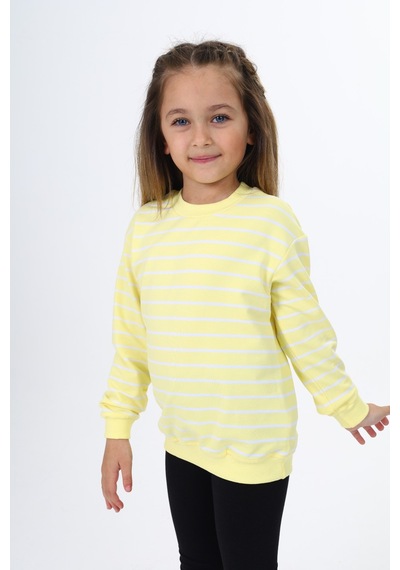 Kız Çocuk Regular Fit Bisiklet Yaka Düşük Omuz Çizgili Sweatshirt - 2 İplik Açık Sarı