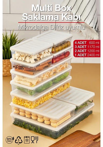 Multi Box 10 Parça 4 Farklı Boy Saklama Kabı Seti - Dondurucu & Mikrodalga Uyumlu Krem