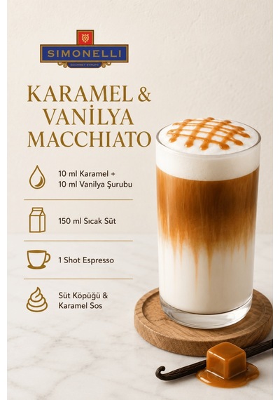Simonelli Karamel & Vanilya Aromalı Gurme Kahve ve Kokteyl Şurubu Seti 2 x 700 ML + Pompa