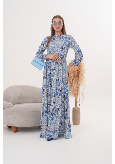Polologin Butik Çiçekli Viskon Elbise Mavi