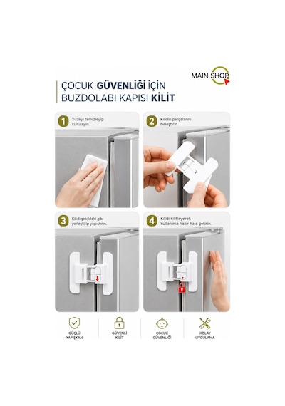 Mainshop 1 Adet Kendinden Yapışkanlı Çocuk Güvenlik Kilidi - Delme Gerektirmeyen Buzdolabı - Çekmece ve Dolap Kilidi M-360 Beyaz