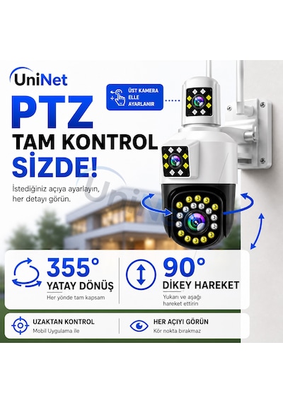 Uninet 5mp Çift Kameralı Wifi Ptz Güvenlik Kamerası 355 Döner, Lazer Flash Led, Insan Takibi Ve Gece Görüşü