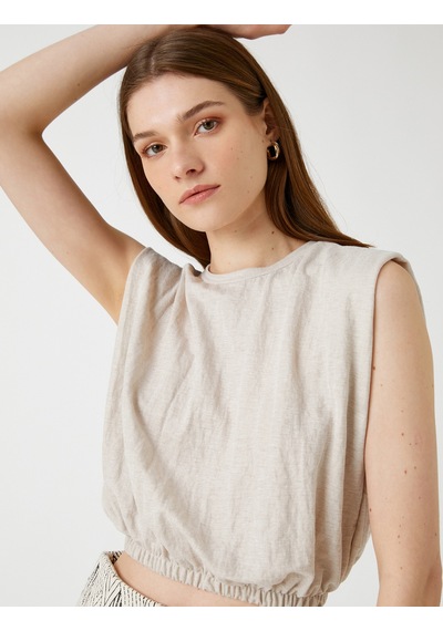 Koton Crop Bluz Vatkalı Kolsuz Beli Lastikli Bej 3sak50006ek