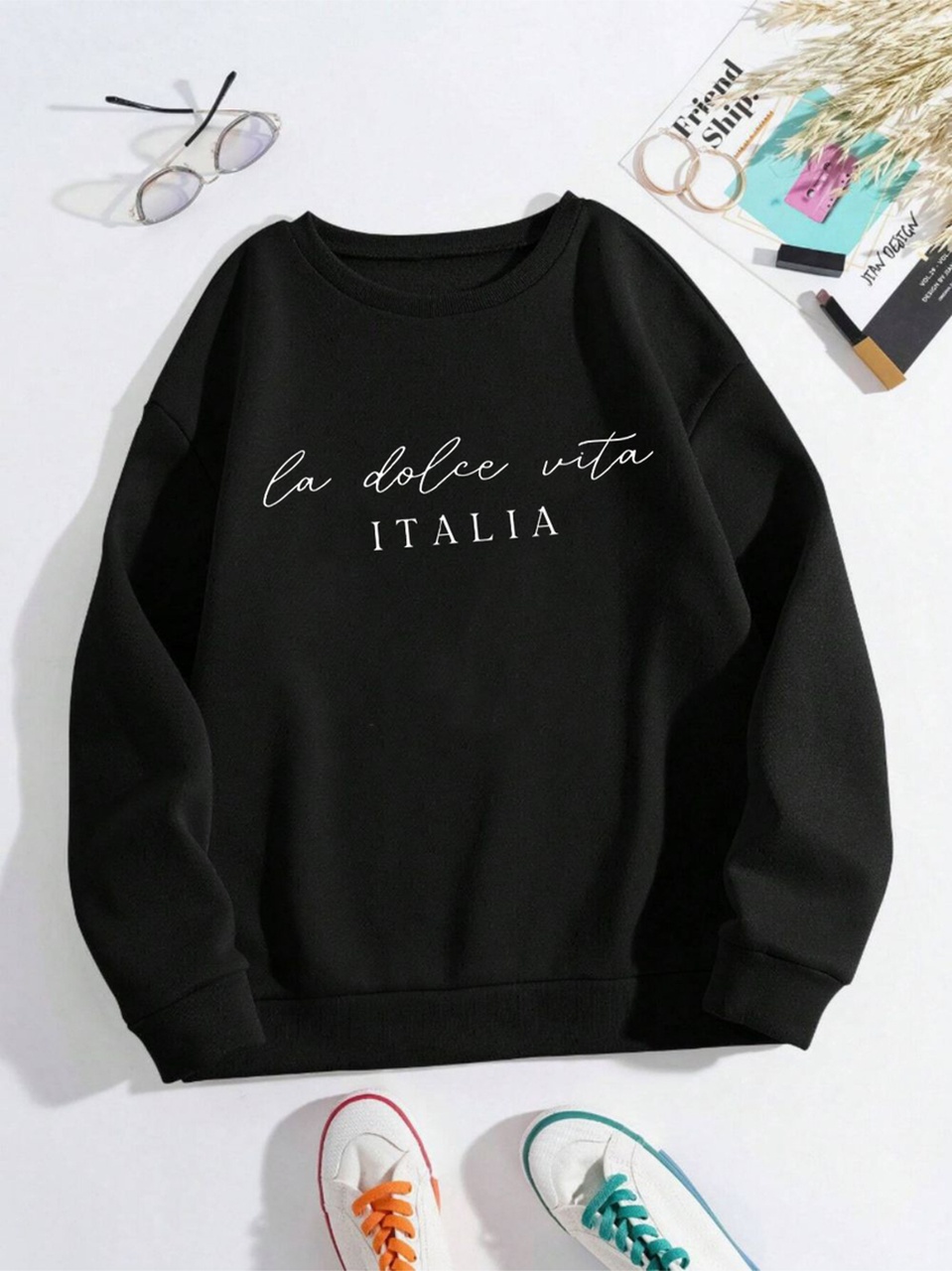 Startmore Startmorela Dolce Vita Italia Baskılı Kazak Bisiklet Yaka Y2k Gevşek Giyim Çok Renkli Rahat Kaza Siyah