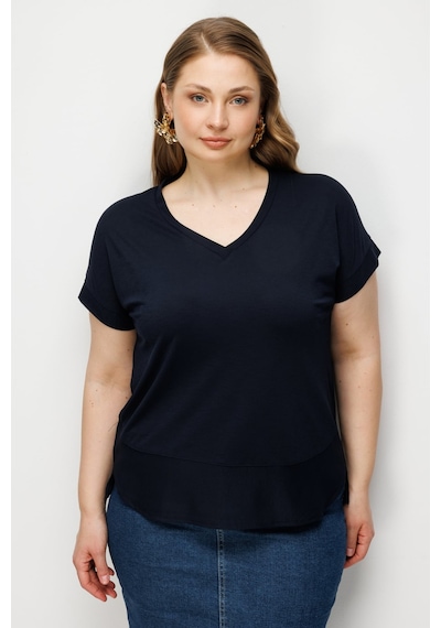 On Kadın Büyük Beden V Yaka Parçalı T-shirt 71476 Lacivert