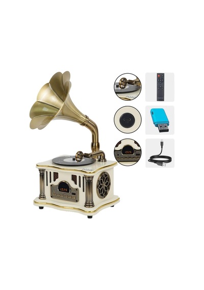 Midex Gr-26wh Fm Radyolu Nostaljik Gramofon Görünümlü Müzik Kutusu Bluetooth Hoparlör