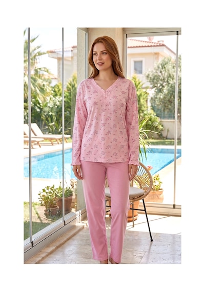 Remsa Kadın Yaka Kısmı Dantel Detay Uzun Kollu Penye Pijama Takımı 05 Pembe