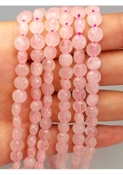 Pembe Kuvars Taşı Yassı Faset Kesim Kolye 6x4mm Sabit Klipsli Kırmızı