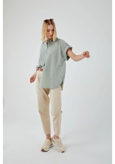 Mixray 3967 Kadın Apoletli Kısa Kol Oversize Gömlek Çağla