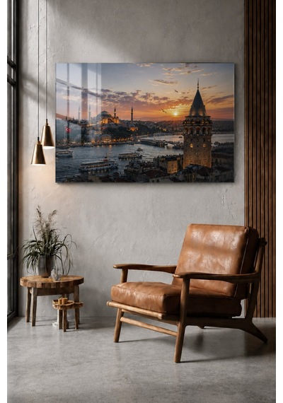 İstanbul Manzarası Temperli Cam Tablo Galata Kulesi Ve Ayasofya