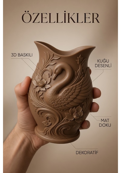 Kuğu Desenli Dekoratif Vazo 15 Cm 3d Baskılı Mat Dokulu Şık Masa Ve Raf Dekoru Kahverengi