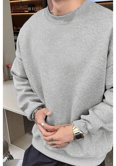 Mbb E-ticaret Erkek Düz Bisiklet Yaka 3 İplik Pamuklu Sweatshirt - Gri
