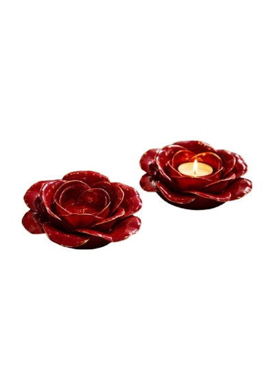 Kırmızı Gül Şeklinde Mumluk 2 Li Set Romantik Dekoratif Tealight Mumluk Seti Kırmızı