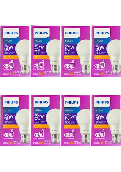 Philips 8w 60w 2700k Sarı Işık E27 Duylu Klasik Led Ampul 8 Adet