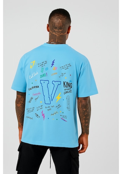 V Baskılı Oversize Beyaz T-shirt Bebe Mavisi