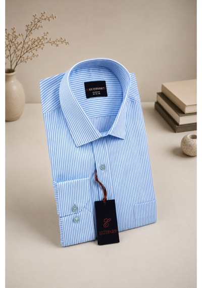 Elitpark Exclusive Line Mavi Pamuklu Cepli Dikine Çizgili Uzun Kol Premium Erkek Gömlek Elitpark Exclusive Line Mavi Pamuklu Cepli Dikine Çizgili Uzun Kol Premium Erkek Gömlek