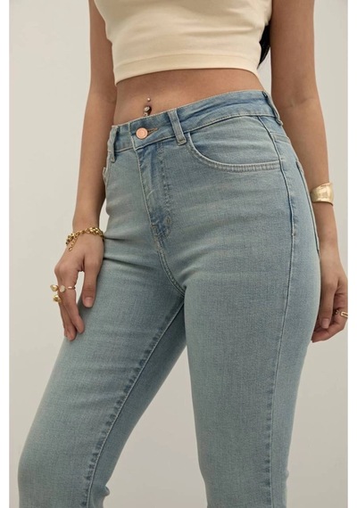Light Blue Premium Yüksek Bel Bronz Düğmeli İspanyol Paça Jeans Light Blue