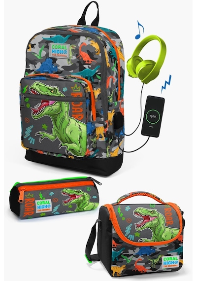 Coral High Kids Siyah Gri Dinozor Desenli Usb'li 3 Lü Okul Çanta Seti Set0123844