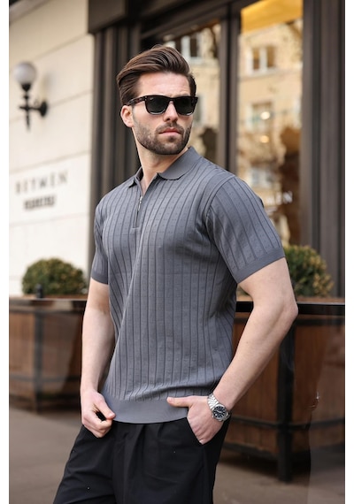 Antrasit Polo Yaka Slim Fit Triko Erkek Tişört E7465 Antrasit