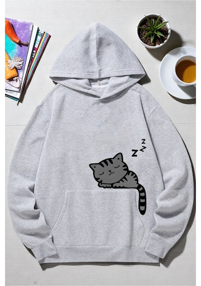 Uyguntarz Unisex Uyuyan Kedi Baskılı Kapüşonlu Sweatshirt Gri