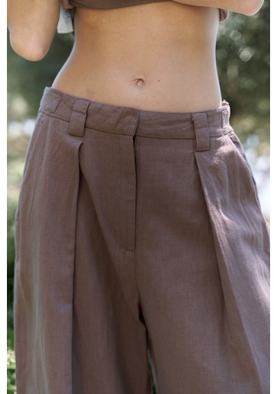 Mai Collection Mai Studios Co. Alidah Pileli Açık Kahve Bol Paça Pantolon Kahve