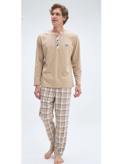 Pijadore 2076 Pamuk Uzun Kol Erkek Pijama Takımı Ekose Bej