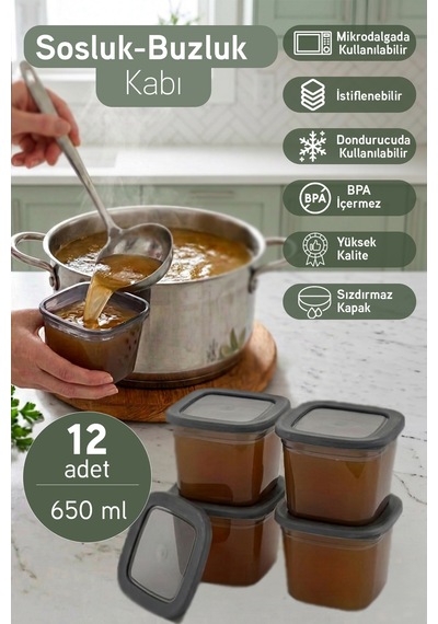 İronika 12'li Sızdırmaz Kapaklı 650 Ml Sosluk Buzluk Kabı Et Tavuk Suyu Ezme Kışlık Hazırlık Kabı Antrasit