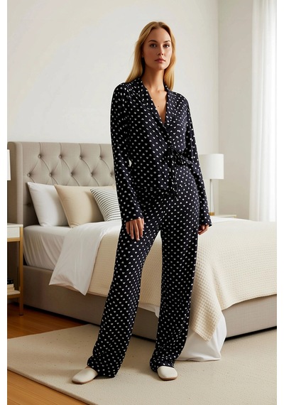 Benerly Kadın V Yaka Standart Kol Relaxed Kalıp Uzun Kollu Dokuma Pijama Siyah