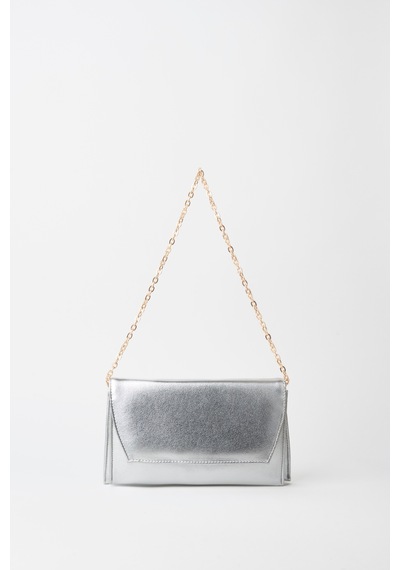 Vivaq Kadın Gümüş Rugan Zarf Tasarım 2 Bölmeli Mini Zincir Askılı Çıt Çıt Kapama Clutch Ve El Çantası