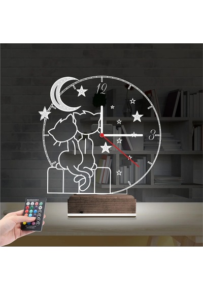 Luvivia Kedi Tasarım Çocuk Odası Saatli 3d Lamba - Masa Gece Lambası Şeffaf