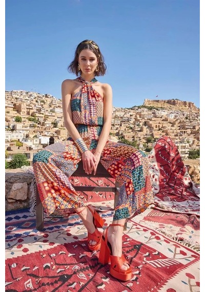 Angbutik Etnik Desenli Saten Tulum Renkli Geometrik