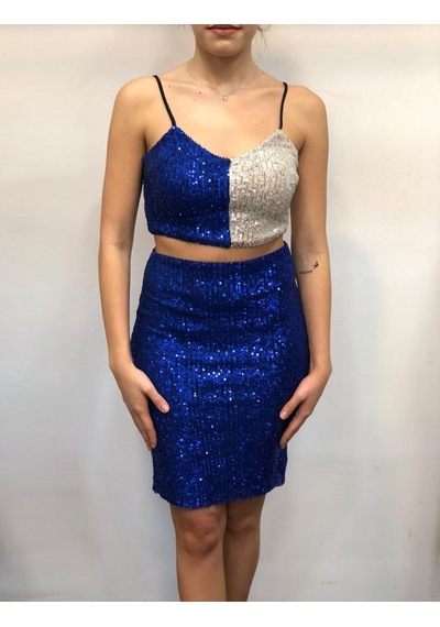 Sertac Boutique Mermaid - Askılı Pullu Saks Mavisi Takım