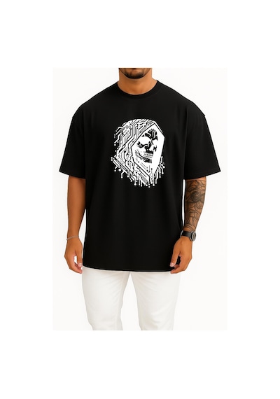 Bahriyeli Collection Oversize Hacker Skull Göğüs Ve Sırt Tasarımlı Unisex T-shirt SIYAH