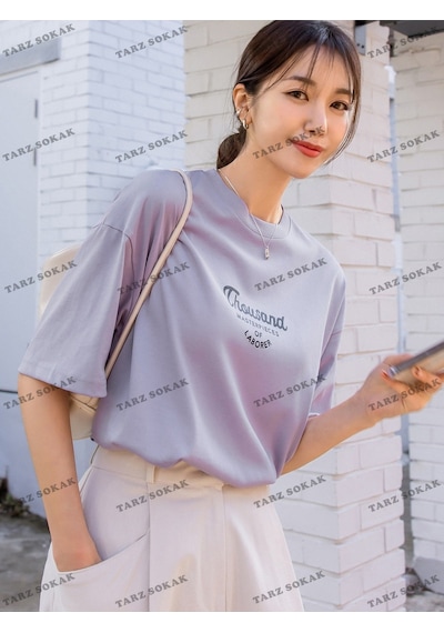 Flood Of Style Unisex Bay Harfli Grafik Düşük Omuzlu Tişört Kod-1386 Mor