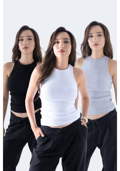 Comeor Fitilli Regular Fit Normal Kalıp Siyah-gri-beyaz Bisiklet Yaka Sıfır Kol Pamuklu 3'lü Kadın Atlet Çok Renkli