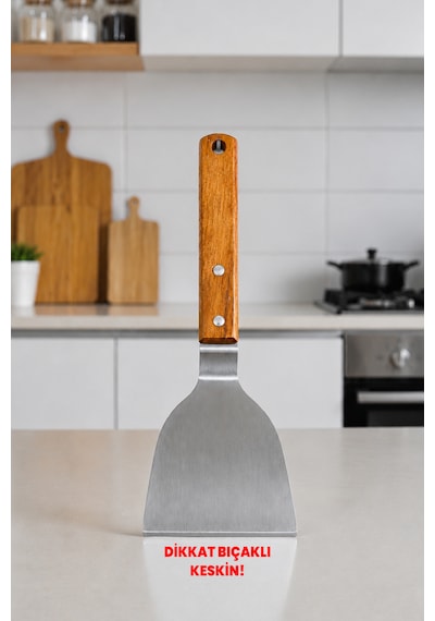 Japon Spatulası Bıçaklı Ve Delikli - Profesyonel 304 Kalite - Teppanyaki Stil Spatula - Ahşap Akasya Saplı - Hem Dekoratif Hem Pratik Paslanmaz Çelik