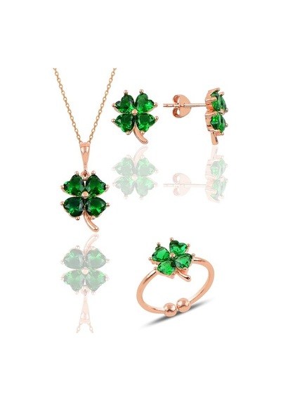 Gümüş Rose Kök Zümrüt Taşlı Yonca Kolye Küpe Ve Yüzük Üçlü Set
