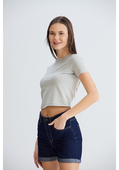 Bisiklet Yaka Basic Tshirt Gri-gri Gri