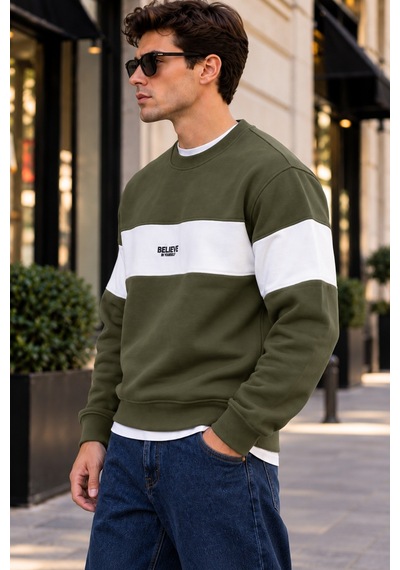 Tarz Cool Erkek Şerit Detaylı Believe Baskılı 3 İplik Şardonlu Bisiklet Yaka Sweatshirt Haki