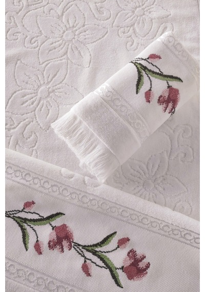 Kanaviçe Nakışlı Güllü Kadife El Yüz Havlusu Seti-2'li - 50x90 Cm- Beyaz Beyaz Beyaz