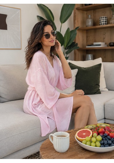 Müslin Sabahlık Plaj Elbisesi Pembe Renk