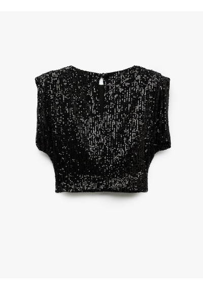 Koton Slim Fit Pullu Payetli Bisiklet Yaka Kısa Yarasa Kol Abiye Bluz Siyah 7wak60045fk