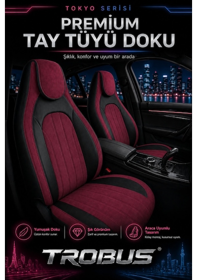 Fiat Albea 2002-2012 Bel Destekli Tay Tüyü Koltuk Kılıfı Tokyo Serisi Bordo Siyah