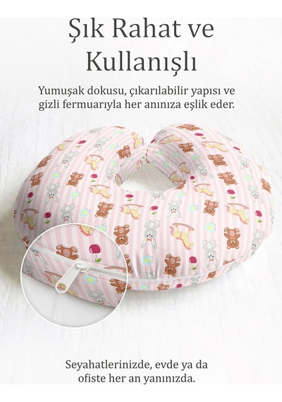 Sevimli Hayvan Desenli Pamuklu Boyun Yastığı - Pastel Pembe Çizgili Çocuk & Yetişkin Seyahat Yastığı Çok Renkli