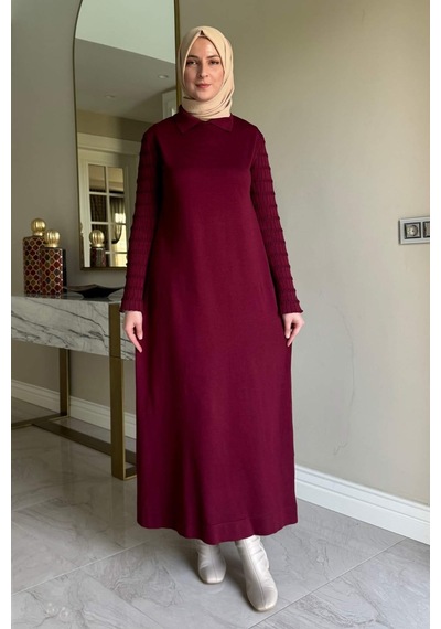 Rabia Şamlı Şölen Fularlı Triko Elbise Bordo Normal